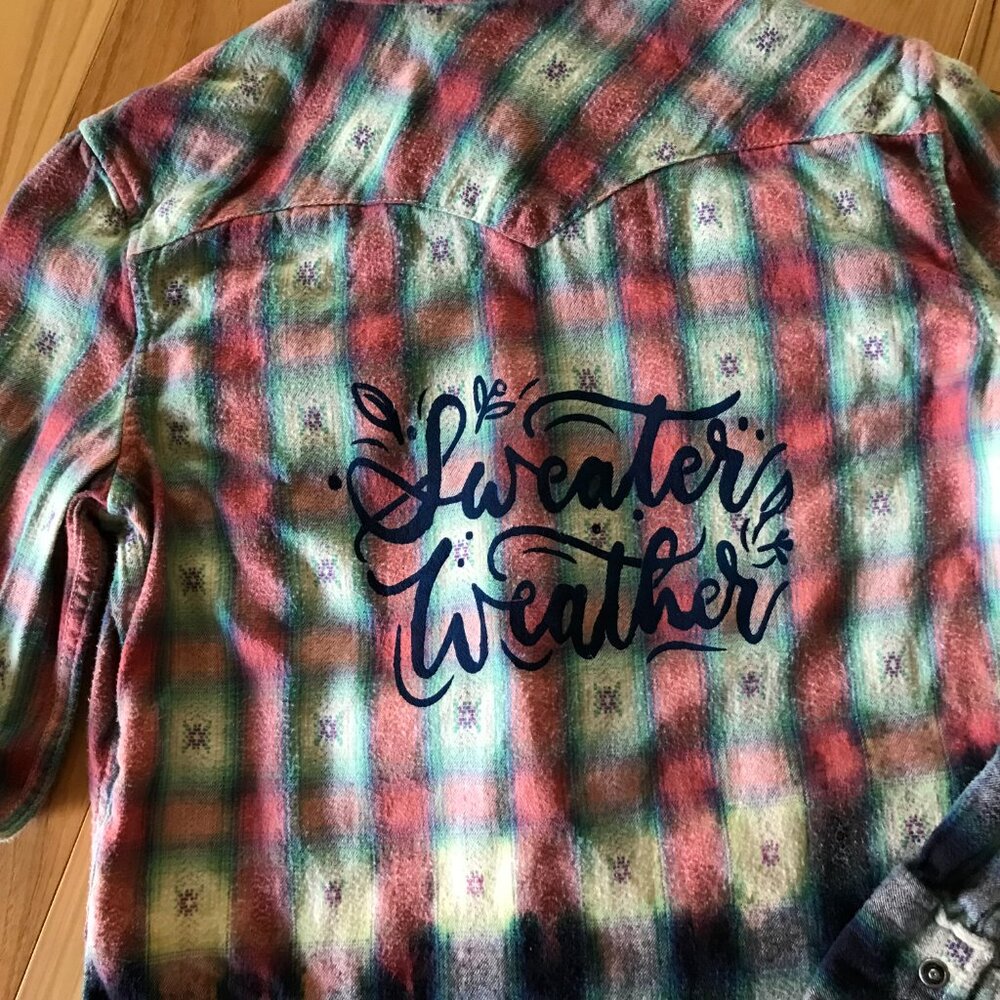Ombre Bleached Flannel Shirt Upcycled Painted Sweater Weather Size Small - Picture 12 of 13